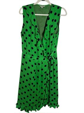 J. Peterman Silk Wrap Dress Green Polka Dot Ruffle Hem Size 14